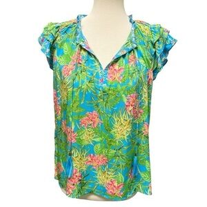Rose + Olive Green Blue Floral Tropical Flutter Sleeve Top Blouse - Size Small